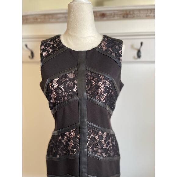 Calvin Klein Black Mix Media Shearh Dress with Lace and Faux Leather Details - Picture 2 of 7